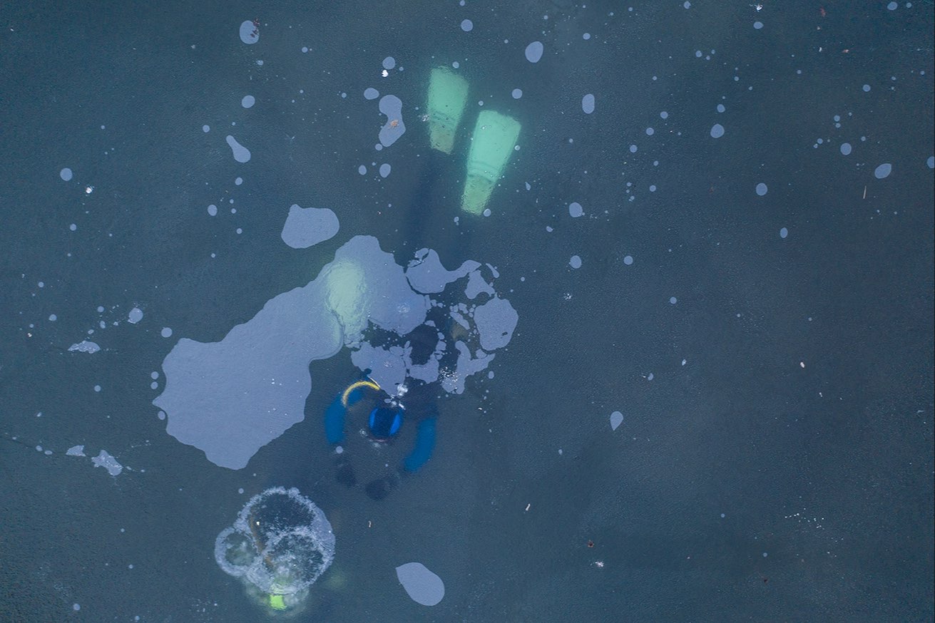 floating circles, action view from a drone, diving under ice in the Kaiserteich, 2019