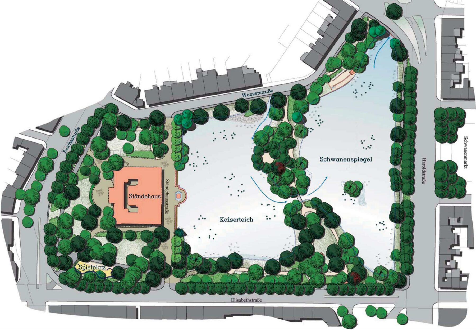floating circles, general plan of the Kaiserteich and museum K21 area, 2019